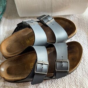 Birkenstock Silver Two-Strap Buckle Sandals